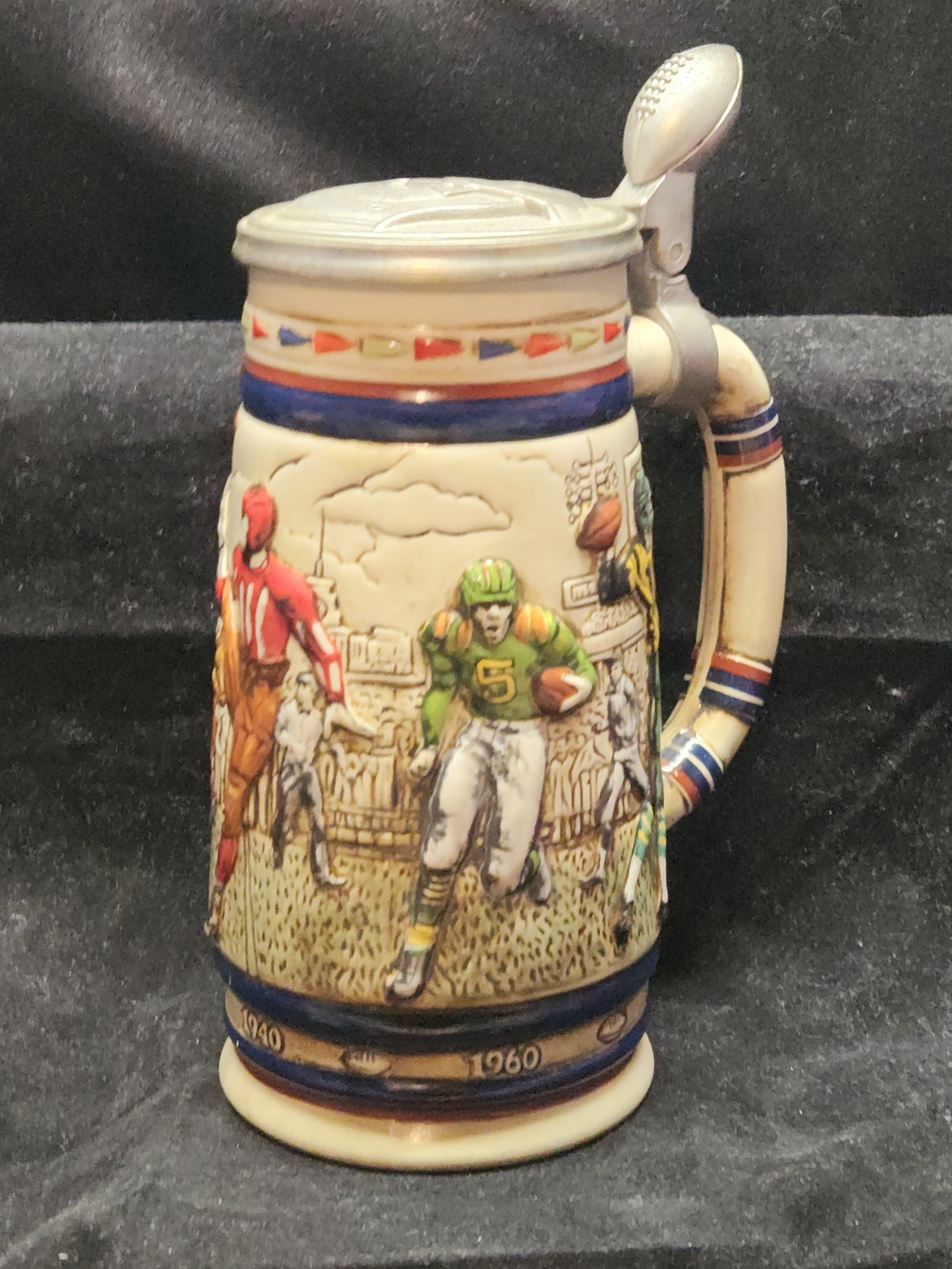 Vintage 1983 Avon Ceramarte Football History Lidded Beer Stein Mug